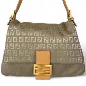 Authentic FENDI Mama Beige Monogram FF Zucchino Canvas Single Shoulder B…